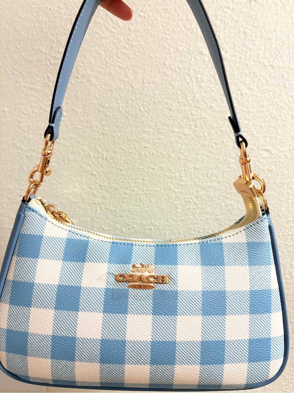 Coach Blue & White Gingham Crossbody Shoulder Bag with Gold Hardware